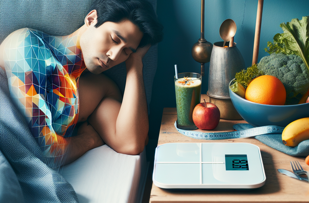 adulte_sud_asiatique_androgyne_dormant_lit_confortable_tranquillite_bleu_blanc_balance_numerique_table_nuit_bois_poids_aliments_sains_legumes_fruits_smoothie_sommeil_habitudes_alimentaires_saines_surveillance_poids