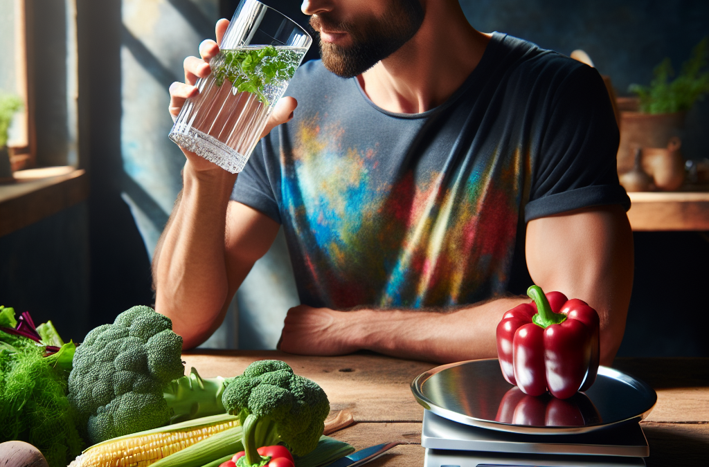 homme-caucasien-table-bois-verre-eau-cristalline-lumiere-soleil-balance-alimentaire-acier-legumes-frais-poivrons-rouges-brocoli-mais-betteraves