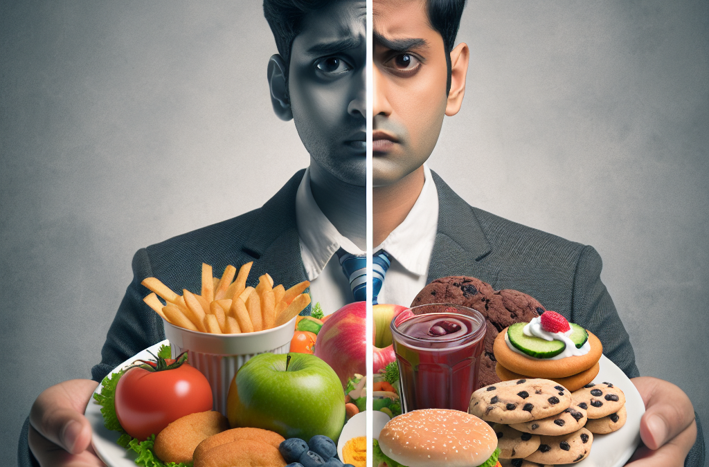 homme-sud-asiatique-perplexe-observant-assiette-contraste-aliments-sains-fast-food
