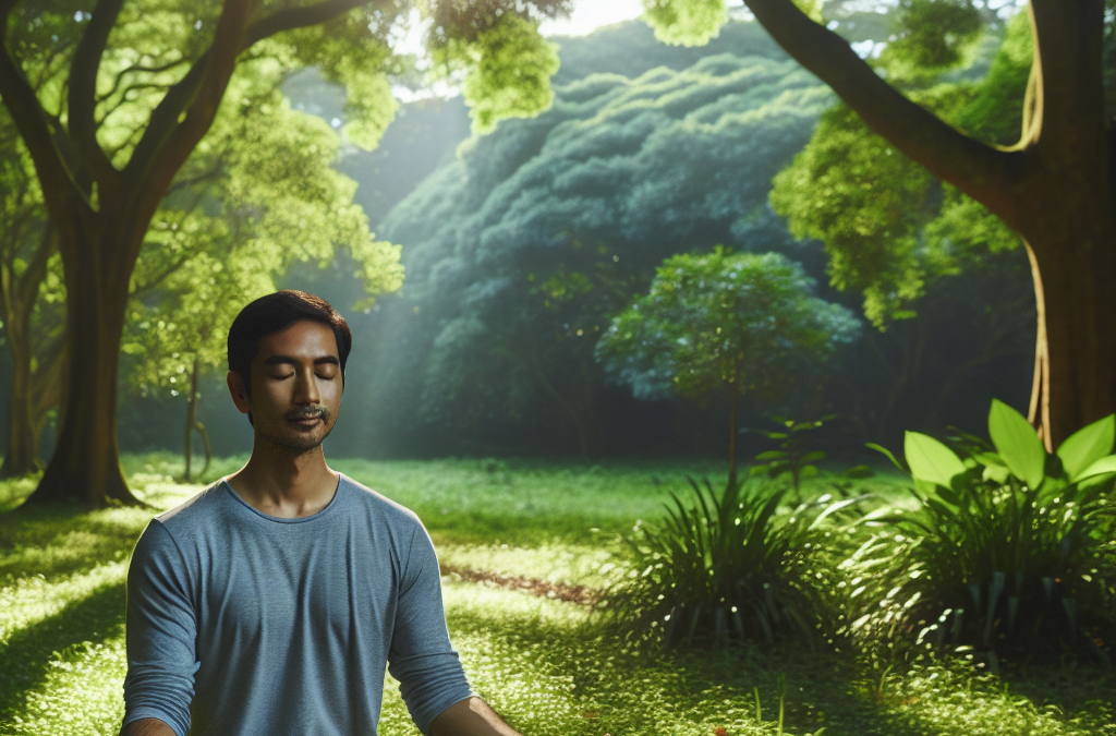 homme_asie_sud_meditation_foret_verdoyante_apres_midi_perte_poids_pleine_conscience_calme_nature