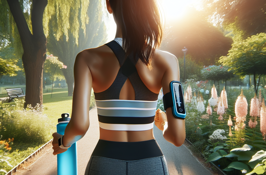femme_moyen_orient_tenue_sport_jogging_parc_verdoyant_ensoleille_cheveux_queue_de_cheval_expression_determinee_bouteille_eau_bleu_electrique_bracelet_fitness_sentier_fleurs_arbres_sante_soir_ombres_longues
