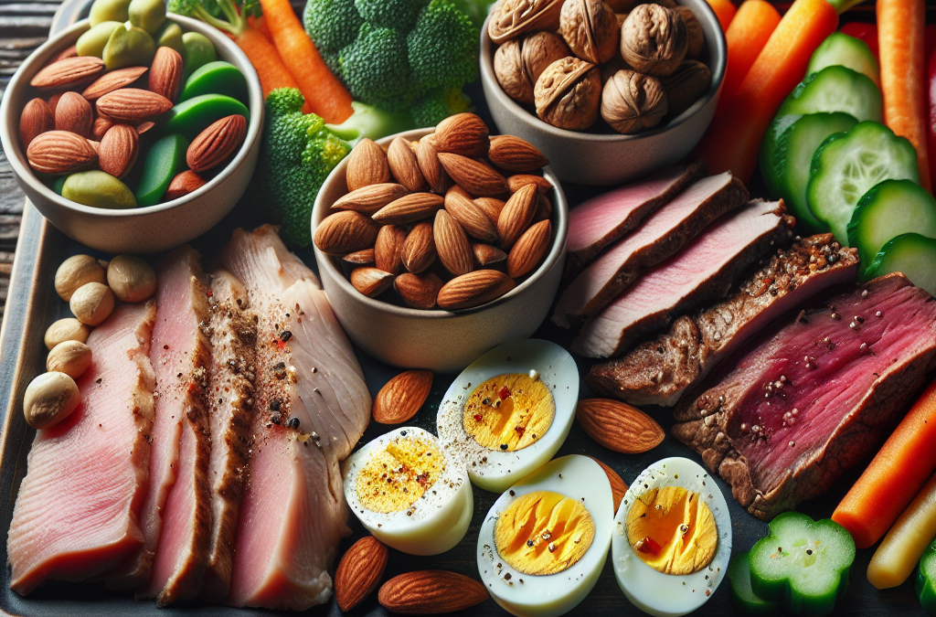 repas-equilibre-poulet-boeuf-oeufs-noix-legumes-table-bois-rustique
