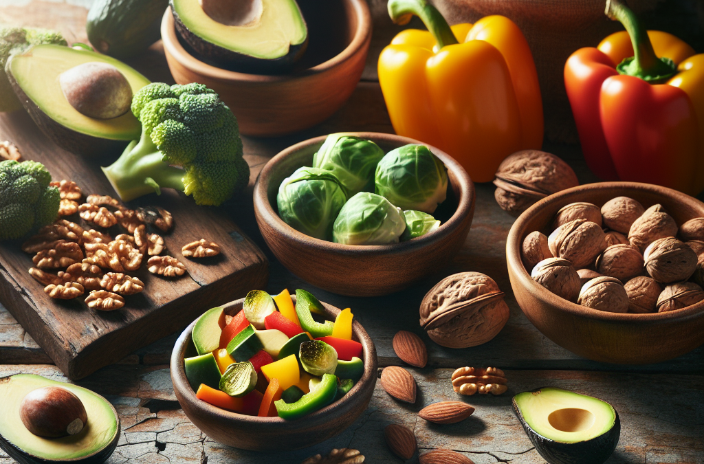 variete-graisses-saines-table-bois-rustique-bols-legumes-frais-avocats-choux-bruxelles-poivrons-noix-amandes-lumiere-fraicheur-sante-preparation-repas-apres-midi